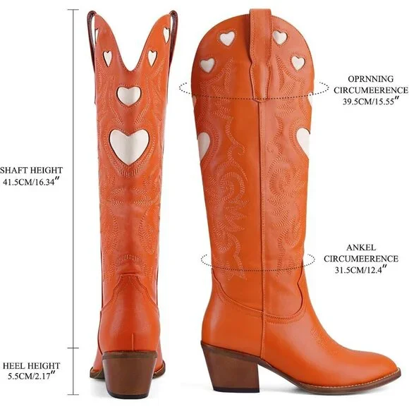 Women's Orange Wide Calf Round Toe Chunky Stacked Heel Knee High Cowgirl Boot - Picture 5 of 9